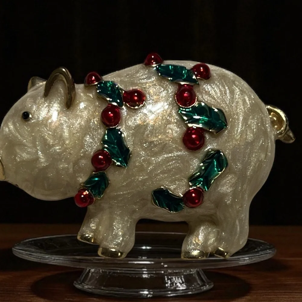 Vintage Festive Enamel Pig Brooch with Holiday Accents Gold Tone